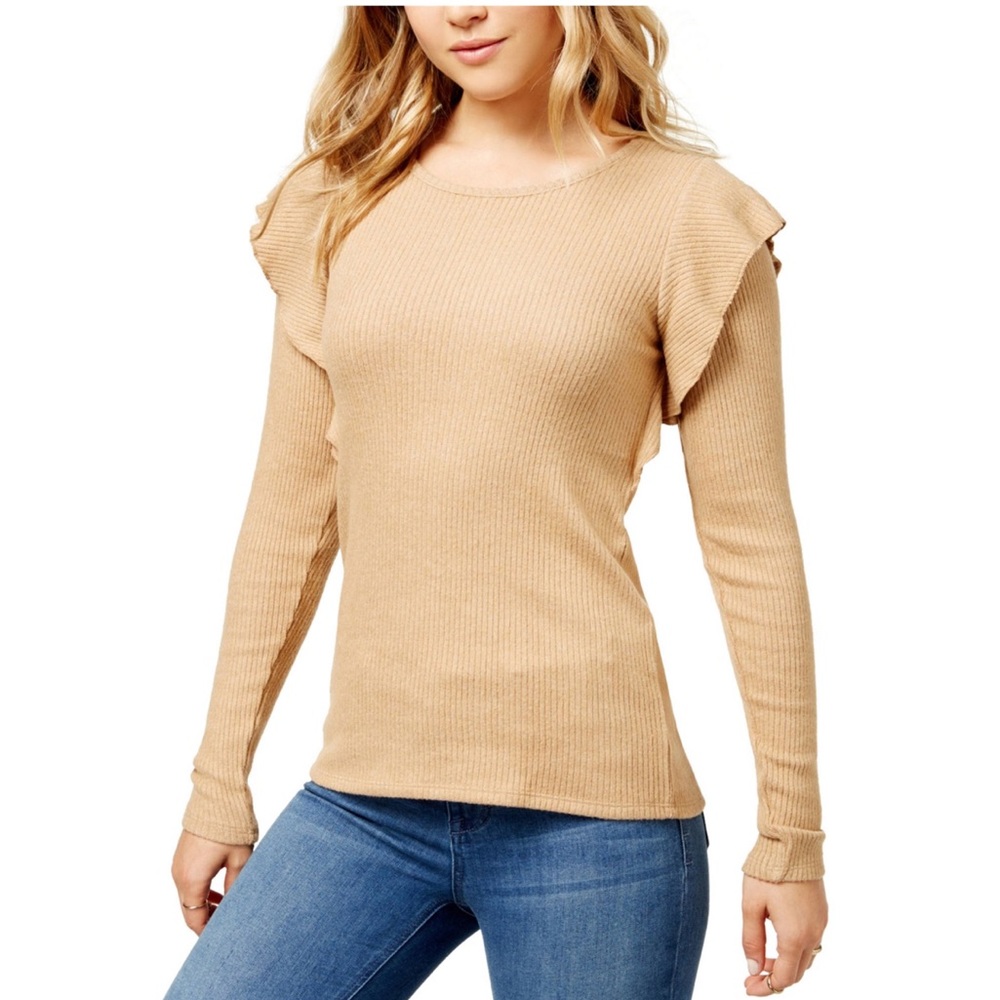 Lucky Brand Brown Ribbed Knit Ruffle Top | Size XS - Picture 2 of 10